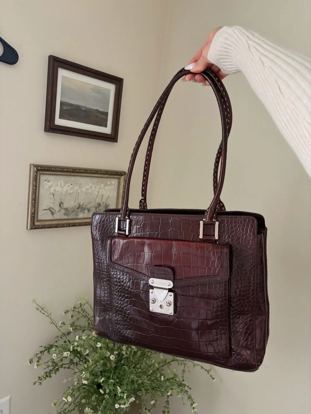 Y2K ANTONIO MELANI Croc-Embossed Shoulder Tote in Dark Brown